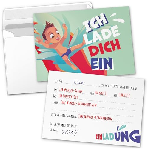 8 PERSONALISIERTE Einladungskarten Kindergeburtstag mit Umschlägen, Wasserrutsche Schwimmbad Schwimmen, Karte Geburtstag Einladung selbst gestalten mit Text