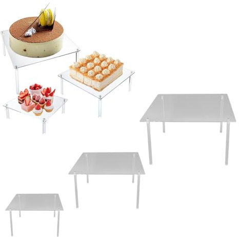 BEIJIALY Lot de 3 Supports à Gâteaux Carrés en Acrylique Transparent, Présentoir à Cupcakes, Support à Pizza pour Gâteau, Pizza, Dessert, Noël, Mariage, Anniversaire, Fête Prénatale, Goûter