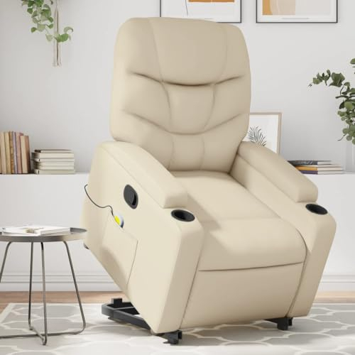 Homgoday Massagesessel mit Aufstehhilfe, Relaxsessel, Aufstehsessel Fernsehsessel mit Liegefunktion TV Sessel Ruhesessel Liegesessel Sessel, für Wohnzimmer Creme Kunstleder