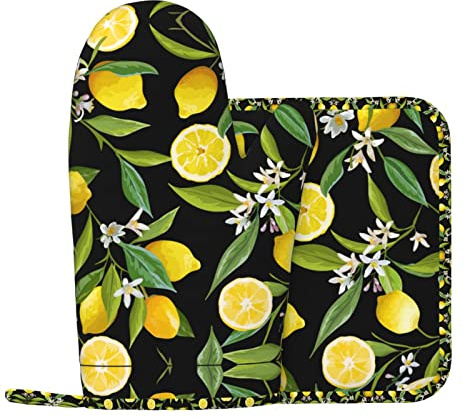 Ofenhandschuhe und Topflappen, Set mit gelbem Zitronenmuster, wasserdicht, hitzebeständig, für Küche, Mikrowelle, zum Kochen, Grillen