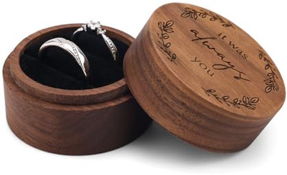 NQEUEPN Boîte à Bagues en Bois, Ronde Boîte à Bagues Rustique Petite Boîte à Bagues de Fiançailles Porte-Bijoux Étui de Rangement pour Demande en Mariage Cérémonie Anniversaire Cadeau d'Anniversaire
