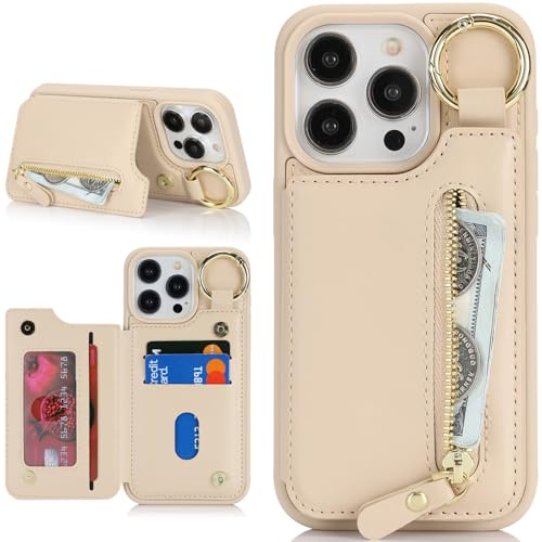 Zouzt Case for iPhone 13 Pro Max and 12 Pro Max 6.7 Inch, Wallet Case with Credit Card Holder Slot, Premium PU Leather Key Ring Zipper Shockproof Protective Phone Cover for Men Women - Almond