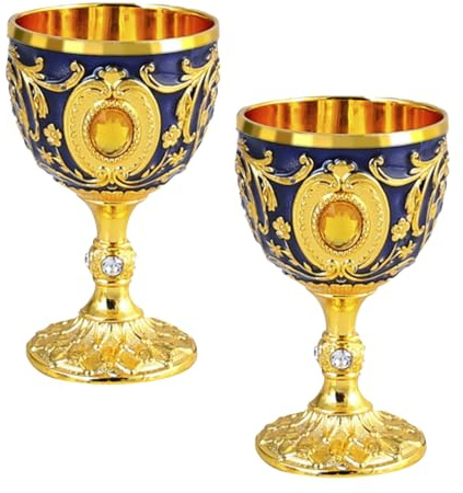 Elictech Verre à calice vintage en forme de calice royal en relief - Gobelet vintage en alliage de zinc - Décorations de fête médiévales pour Halloween - Fournitures de décoration (bleu doré)