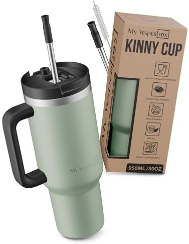 My Vesperbox Kinny Cup - Gobelet isotherme en acier inoxydable avec anse et paille (500/950/1200 ml) - Gobelet isotherme à emporter pour café, glace et quotidien - Sans BPA - Anti-fuite - Passe au