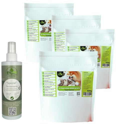 UltraClean Cats & Dogs Teppichreiniger Pulver zum Absaugen, Teppich Reinigungsmittel Pulver, Teppichpulver zum Reinigen von 10-15qm Teppichboden, 4 x 500g + Fleckenspray 250ml