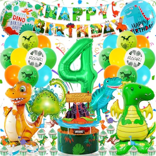 Dino Geburtstag Deko 4 Jahre, Dinosaurier Geburtstagsdeko 4 jahre Junge mit 3D XXL Dino Luftballon, Happy Birthday Girlande, Dino Party Folienballon Grün Dschungel Deko für Dino Deko Kindergeburtstag