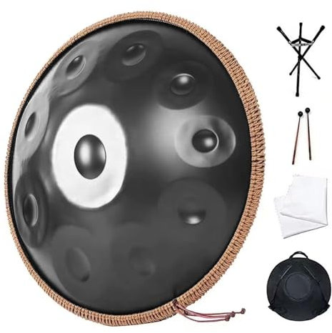 9-Noten Handpan Aus Edelstahl, Musikinstrument, Nitridierte Handtrommel Mit Weichem Handpan Beutel, 2 Handpan-Mallets, Handpan-Ständer Und Staubfreiem Tuch(Schwarz)