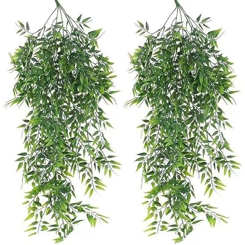 AQCQDQ 2 Stück Hängepflanze Künstlich, Kunstpflanze Hängend, Künstliche Pflanzen Hängend Farne, Plastikpflanzen für Wohnzimmer Küche Balkon Garten Schlafzimmer Deko (Bamboo Blatt)