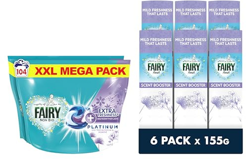 Fairy Non Bio Silk Tree Blossom & Jasmine Laundry Washing Detergent Value Pack, Platinum PODS® Liquid Capsules 104 Washes, & In-Wash Scent Booster, 6 packs x155g