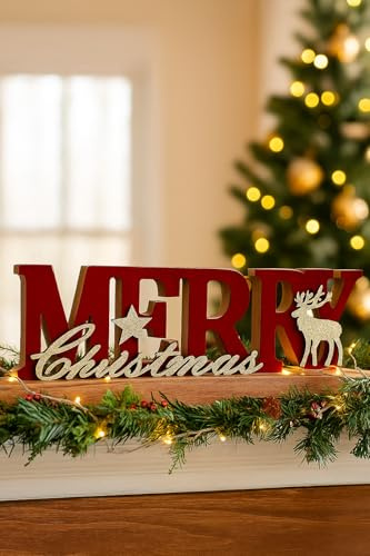 khevga Weihnachtsdeko Schriftzug Xmas Weihnachtsmann Tisch-Deko Weihnachten Holz (rot-Gold)