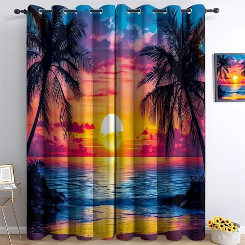 Tende oscuranti termiche viola per soggiorno, spiaggia, tramonto, palme, mare, stampate, super morbide, con occhielli nella parte superiore, 2 pannelli, 116,8 x 137,2 cm (larghezza x lunghezza), per