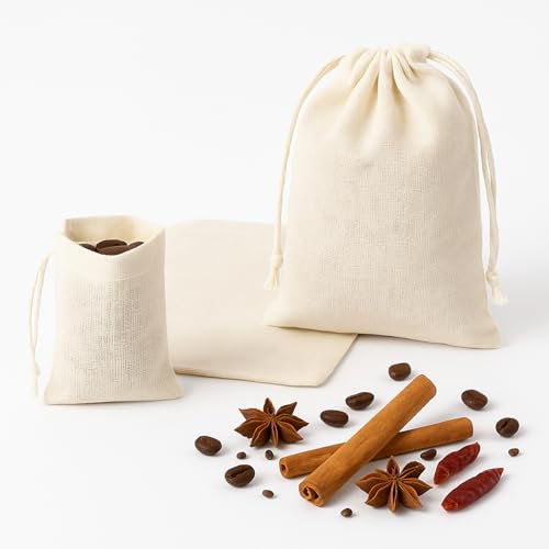 50 Pcs Spice Bags for Cooking, Reusable Muslin Drawstring Tea Filter Bags, Unbleached Cheesecloth Multi-Size for Loose Tea, Coffee, Pho Soup & Herbs