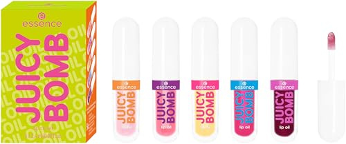 essence JUICY BOMB lip oil set 02 – Coffret d'huiles nourrissantes pour les lèvres au parfum fruité – Fini brillant – 5 teintes fruitées – Cosmétiques vegan – 5 x 2,4 ml
