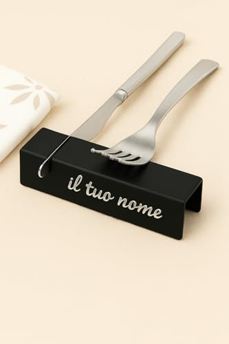 ROGANTE Set 4 poggia posate da tavolo personalizzato 3 colori acciaio INOX, porta posate inossidabile, Design Elegante, Idea Regalo con il tuo nome o il nome del tuo ristorante (Nero Opaco)