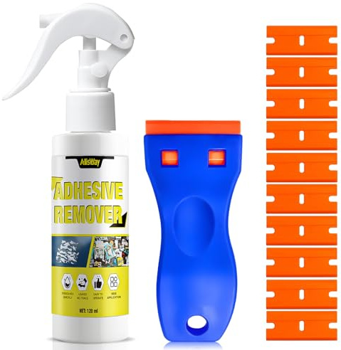 Allisway Dissolvant Colle, Decolle Etiquette, Anti Adhesif Dissout Rapidement et Élimine Efficacement les Taches Tenaces Comme les Étiquettes, 120 ml + 1 Grattoir et 10 Lames en Plastique