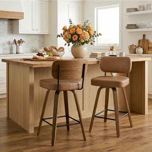 Bekrvio Barhocker 2er Set mit Lehne, 360° Drehbar aus Holz, Sitzhöhe 65 cm, Extra Starke Polsterung 7 cm & Pflegeleichtes Kunstleder, Belastbar bis 150 kg, für Kücheninsel & Theke, Braun