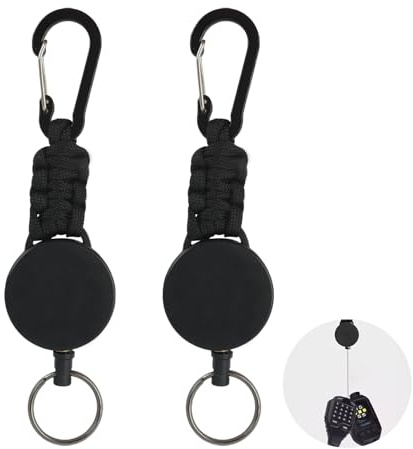 2-pack infällbar nyckelring och märkesrulle, slitstark nyckelhållare med utdragbar stålsladd, karbinhake, paracord och nyckelring för nycklar, ID-kort och verktyg