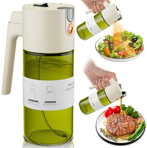 LAKUMIQI 2 in 1 Oil Sprayer for Cooking, 17oz Light-Blocking Glass Spray Bottle with Stickers, Oil Dispenser for Salad, Air Fryer & BBQ