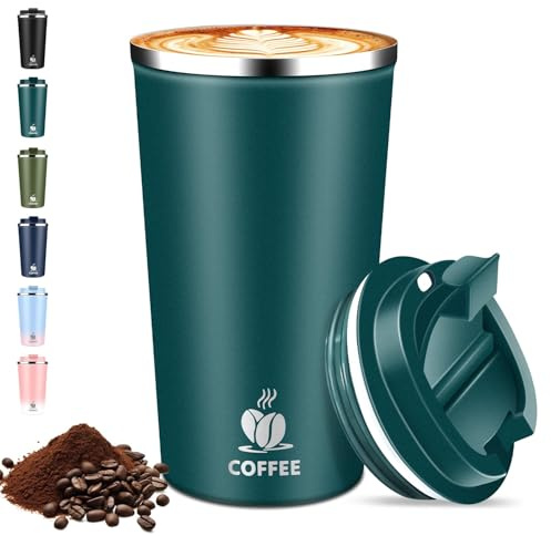 Thermobecher Kaffeebecher to Go - mit Deckel, 510ml Isolierbecher Edelstahl Travel Mug, Auslaufsicherer Thermo Becher für Heiße & Kalte Getränke, Reisebecher für Auto, Büro, Reise (Pfauenblau)