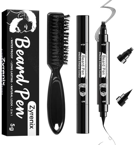 Zyrenix Beard Pencil Filler for Men, Dual-Head Design, Waterproof Beard Pen with Beard Brush for Men, Long-Lasting Natural Finish, Mustache Repair and Shaping Tool to Enhance Facial Hair (Black)