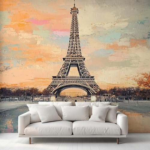 Générique Papier Peint Tour Eiffel Papier Peint Panoramique Peinture à l'Huile France Paris Papiers Peints Intissé Fresque Murale, Decoration Chambre Salon, 200 x 140 cm 1&XF