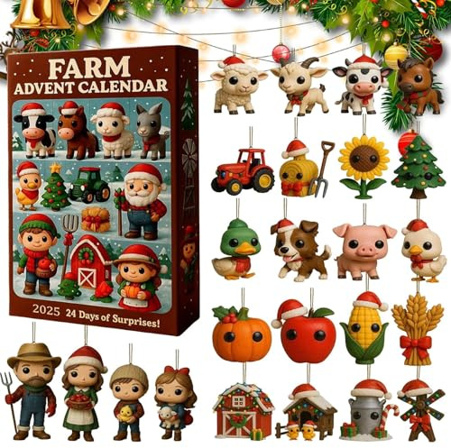 Calendario dell'Avvento 2025, calendario dell'avvento 24 giorni della fattoria, set di ornamenti per animali e trattore, idee regalo per gli amanti della fattoria