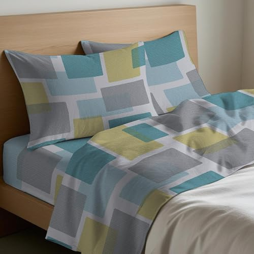 Mahome Set Completo Letto in Pregiata Flanella 100% Cotone con Trattamento Antipalline - Completo Lenzuola Caldo Cotone Morbide Artigianali Alta Qualità Made in Italy (Square Azzurro, Singolo)