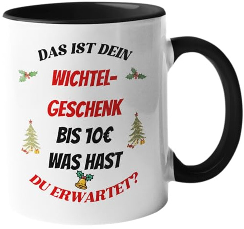 Lustige Wichteltasse – „Das ist dein Wichtelgeschenk bis 10€“ | Geschenkidee für Kollegen & Büro | Lustiges Wichteln Geschenk Weihnachten | Secret Santa Tasse (Schwarz)