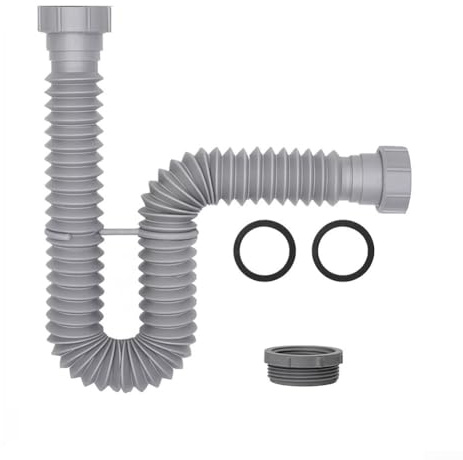 Tuyau de vidange flexible pour évier, 3,8 cm à 3,8 cm avec siphon en P et adaptateur, extensible de 20 à 80 cm pour évier de cuisine et salle de bain