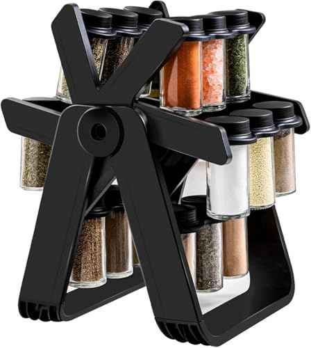 LuminaLux Spice Rack Spice Organizer Spice Jars Rack Black Rotating Ferris Wheel Spice Rack Set With 18 Spice Cans For Kitchen Countertops Cabinets Seasoning Jars Shelf Seasoning Jars Rack