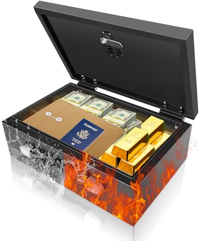 Tragbarer Safe Tresor, 20L Feuerfeste Dokumentenbox mit Griff, Tresor Feuerfest mit Zahlenschloss & Schlüsseln, Wasserdichter Sicherheitsbox für Bargeld Schmuck A4 Dokumente, 32,5 x 21.3 x 11.4 cm
