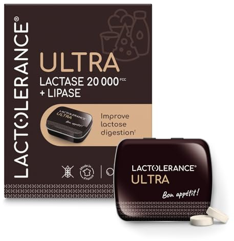 LACTOLERANCE Ultra | Lactase Tablets 20,000 FCC – High Strength with Lipase 500 UI – Lactose Intolerance Support for Dairy & Fatty Meals – 36 Chewable or Swallowable Tablets