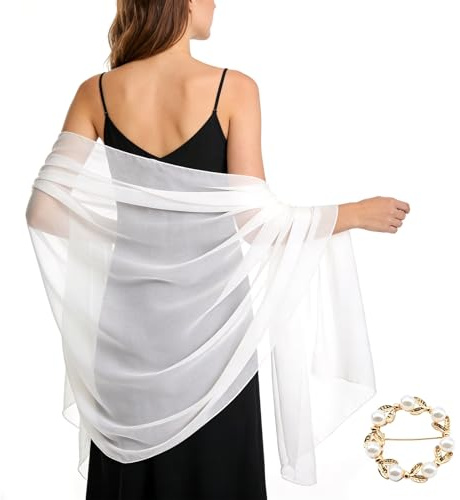 Scettar Stola für Abendkleid mit Perlen-Broschen aus Chiffon, elegant, leicht, als Stola und Schal nutzbar, für Kleider, Brautkleid, Sommerhochzeit und Party, 200x72 cm