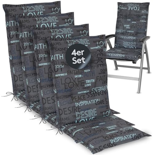 LILENO HOME Gartenstuhl Auflagen als [4er Set - Hochlehner] in Letters | Anthrazit - bequeme Liegen als Sitzauflagen für Gartenmöbel - Stuhlkissen für Gartenstühle und Klappstühle