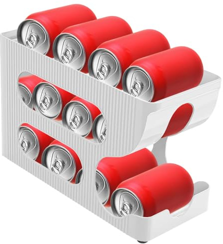 Jonuin White Fridge Can Dispenser, 2-Tier Rolling Can Organiser, 12-Can Storage for 330ml/355ml Soda & Drinks, Sturdy Plastic Holder for Kitchen, Cupboard & Pantry