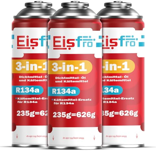 Eisfro 3 en 1 – Gas refrigerante R134a de sustitución para Aire Acondicionado de Coche con Aceite y sellador de Fugas – Lote de 3 Botellas de 235 g – Aire Acondicionado para autocaravanas – Eco