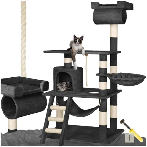 tectake® Arbre à Chat 141cm - Maison Intérieure avec Griffoir, Rampe et Couchage