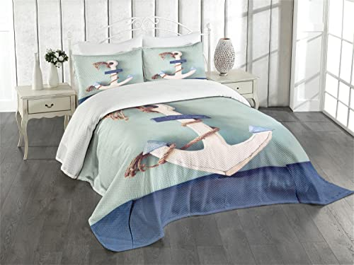 ABAKUHAUS Anker Tagesdecke Set, Anker und Seil-Motiv, Set mit Kissenbezug farbfester Digitaldruck, für Einzelbetten 170 x 220 cm,Hellgrün Blau