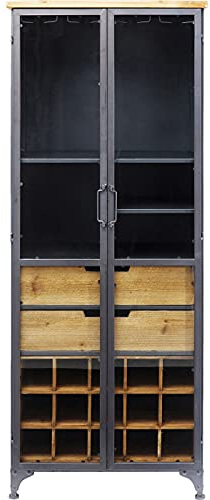 Kare Design Vitrine Refugio, Schwarz/Braun, Weinschrank mit 2 Glastüren, Platz für 15 Flaschen, Stahlgestell, Massivholz, Handgearbeitet, Industrial-Look, Wohnzimmer, Esszimmer, 156x60x40 cm (HxBxT)
