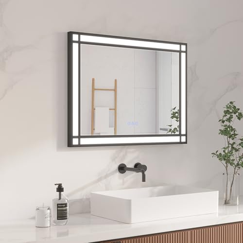 AQUABATOS Miroir de Salle de Bain LED avec éclairage 80x60 cm Effet fenêtre Miroir Lumineux Cadre Aluminium Noir Miroir décoratif dimmable Blanc Froid Blanc Chaud antibuée