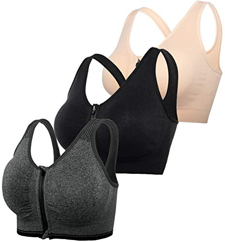 DODOING Zip Front Sports Bra Post Surgery Bra Yoga Bra Workout Fitness Activewear Racerback Padded Bras for Women（3PCS）