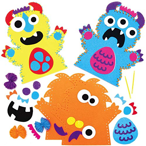 Baker Ross AX244 Monsterstrauß Handpuppen-Sets, 4 Stück, Geschichtenerzählen, Kunst und Handwerk für Kinder, ideal für Partys, Schulen und Schlafensgeschichten
