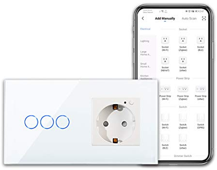 CNBINGO WLAN Steckdose und Smart Lichtschalter - Touchschalter dreifach und Schuko Steckdose Unterputz Arbeit mit Alexa, Google Assistant - Glasrahmen und Status-LED - Neutralleiter Wird Benötigt