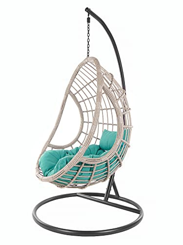 KIDEO Komplettset: Hängesessel mit Gestell & Kissen, Korbsessel, Poly-Rattan, grau-beige (Kissen: türkis Chesterstepp (5060 Ocean))