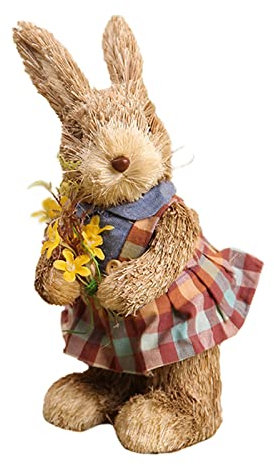 HELTER Figura de conejo de paja de Pascua de pie, adorno de conejo de paja artificial, conejo de Pascua de simulación, ornamento de conejo de paja de Pascua