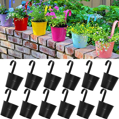ARTKETTY Lot de 12 Pots de Fleurs à Suspendre en métal de 16 cm pour Balustrade, clôture, Balcon, Jardin, décoration de la Maison, Supports de Fleurs avec Crochets Amovibles, Noir