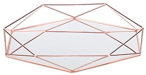 Gold Spiegel Tablett Sexangle Spiegel Metall Gold Kosmetik Schmuck Aufbewahrung Organizer Geometrisch Beschichtet Schmuckaufbewahrung (Farbe: Roségold)