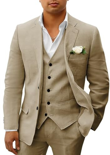 HUUTOE Costume 3 pièces en lin pour homme - Pour la plage, les mariages, les garçons d'honneur - Costume d'été décontracté - Blazer en lin - Gilet et pantalon de smoking, kaki, Taille L