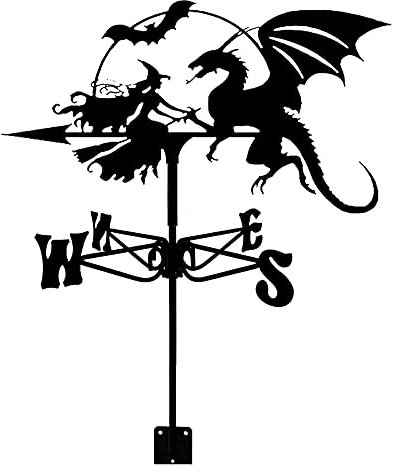CAZARU Girouette Dragon et Sorcière en Acier Inoxydable Girouette Durable Rétro Scène de Ferme Piquet de Jardin Girouette Outils de Mesure pour Patio Cour Décoration
