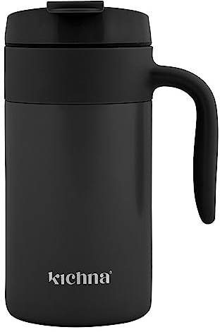 Kichna Voyager 18 oz / 550ML Double Walled Stainless Steel Vacuum Travel Mug | BPA Free Lid Leak & Spill Proof Tumbler with Ergonomic Handle | Keeps Cold for 14Hrs or Hot for 3Hrs - Onyx Black